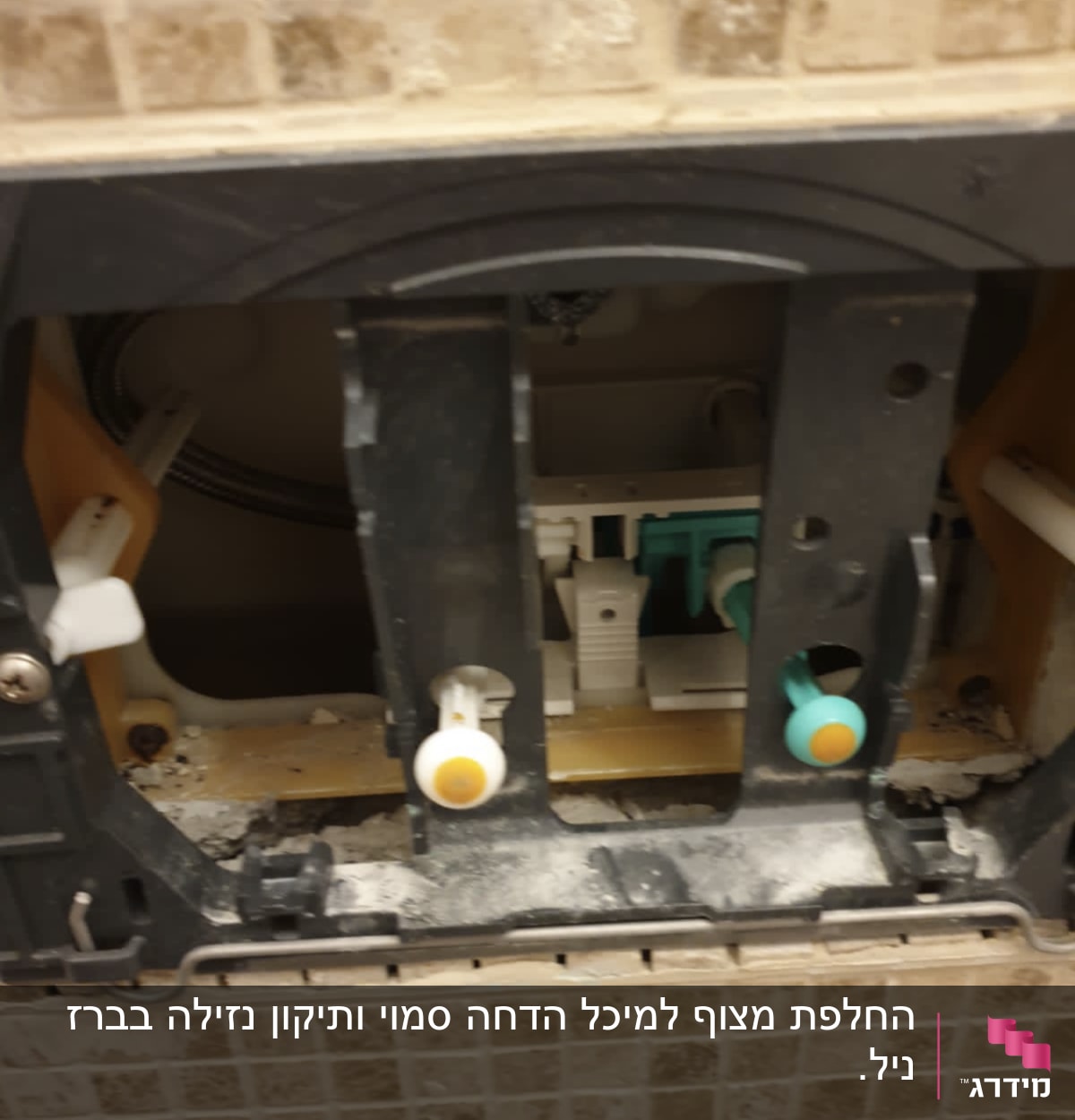 מנגנון הדחה של אסלה עם כפתורים צבעוניים